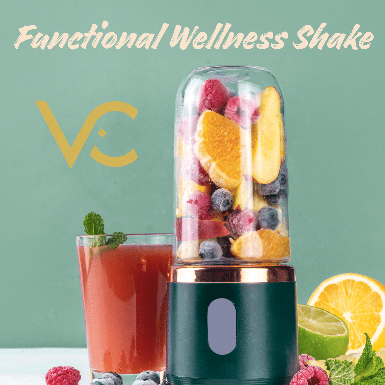 Laurie’s Functional Wellness Shake with fruits in a blender.