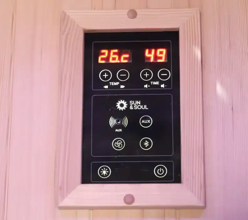Sun 300 Infrared Sauna control panel with temperature and time display.